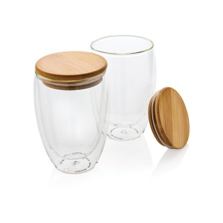 Vidrio promocional de borosilicato de doble pared y tapa bambú 350ml